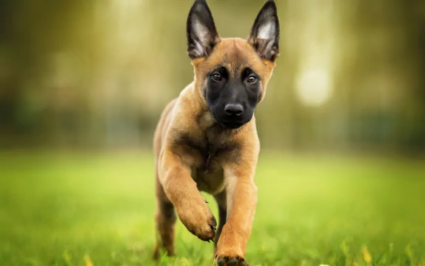 Close-up of a Belgian Malinois puppy running on grass, captured in 4K Ultra HD as a vibrant PC desktop wallpaper background.