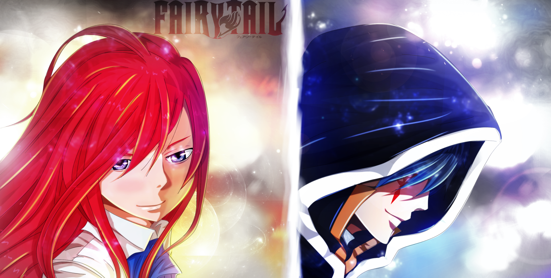 HD PC desktop wallpaper featuring anime characters Erza Scarlet and Jellal Fernandes from Fairy Tail, showcasing vibrant colors and dynamic lighting effects.