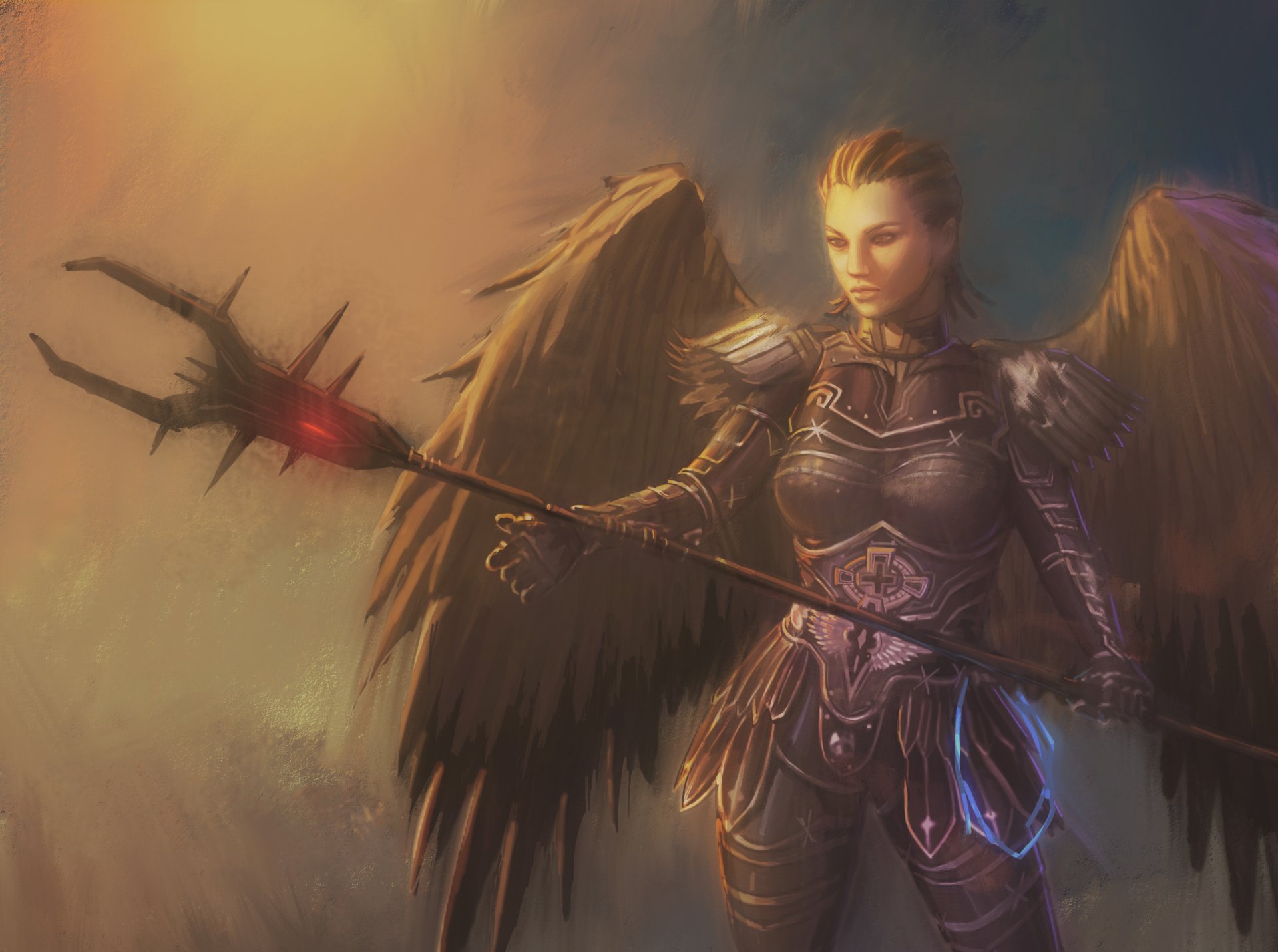 Fantasy angel warrior in dark armor with broad wings wielding a spiked staff, moody light — 2K Quad HD PC desktop wallpaper/background.