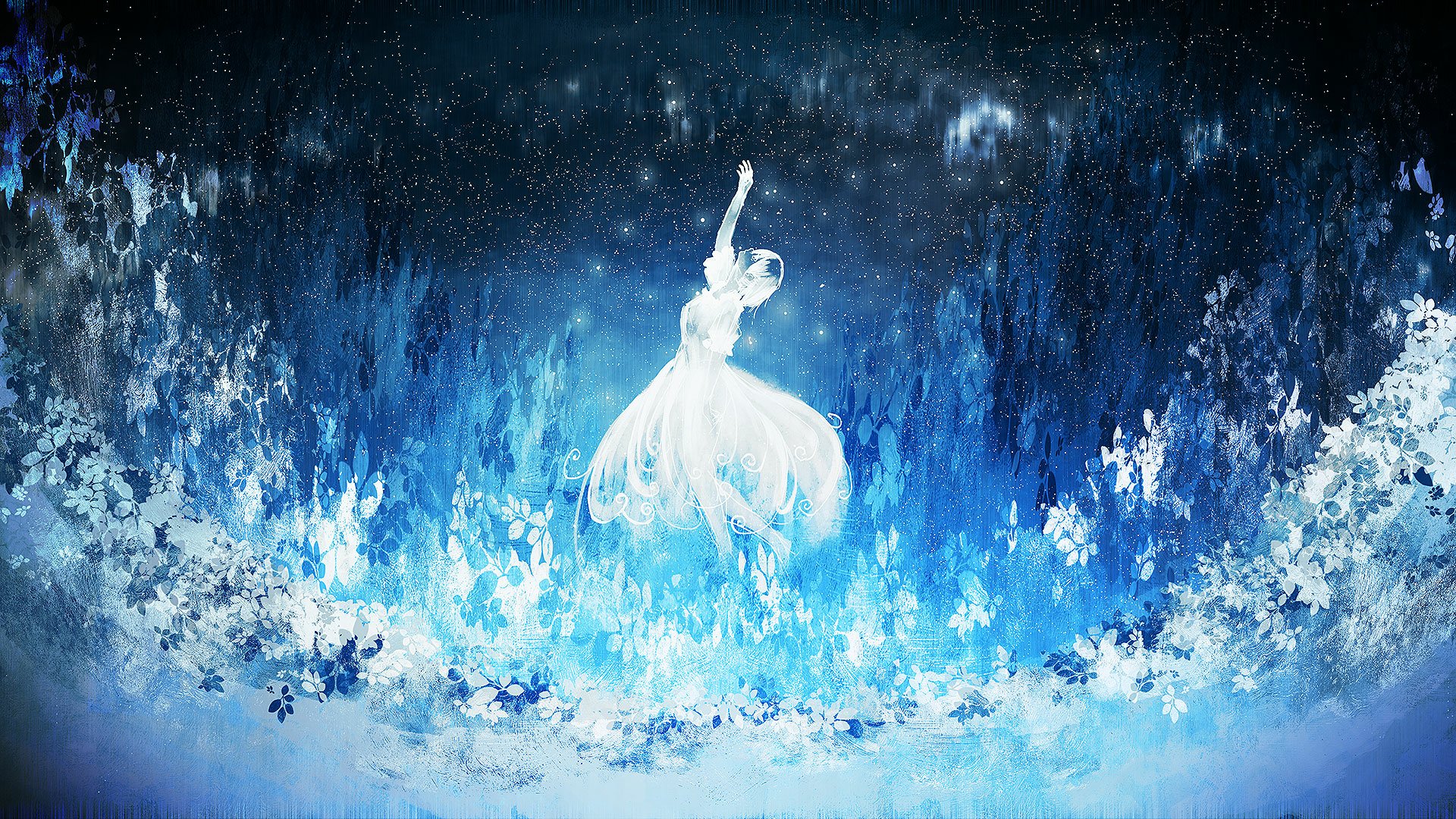 Anime-style fantasy scene of a white-haired figure with short hair reaching toward a star, set against a mystical night backdrop in HD quality.
