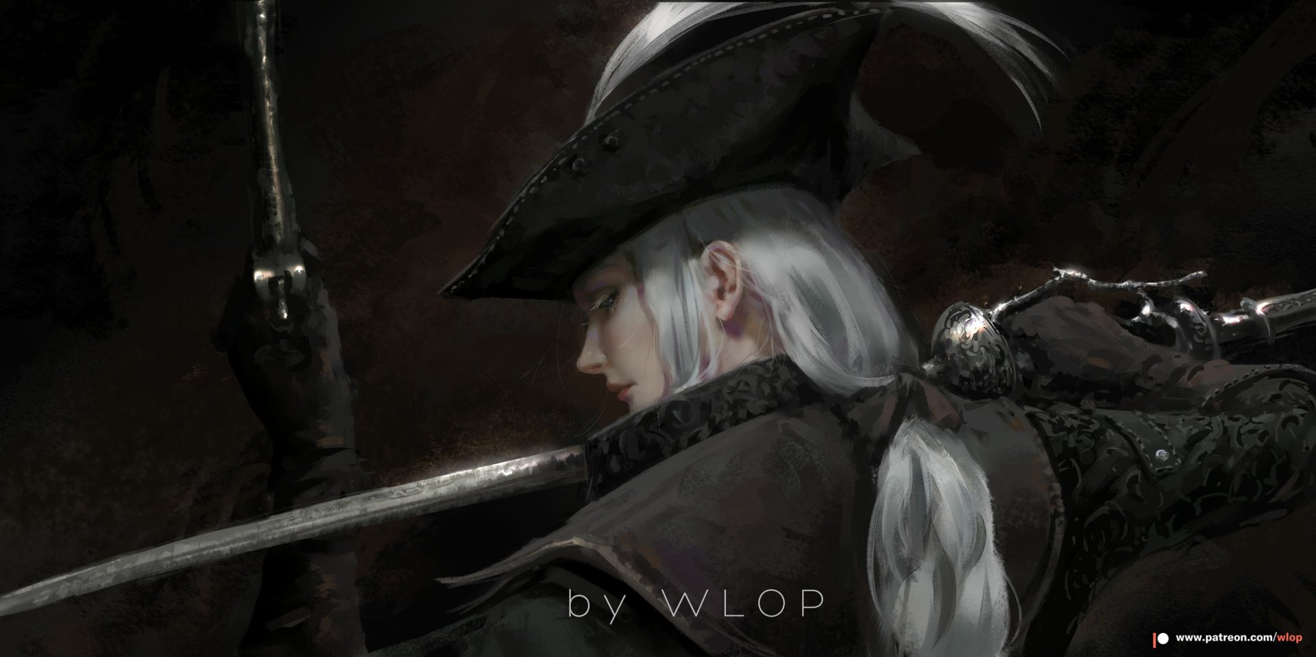 HD desktop wallpaper featuring Lady Maria from the video game Bloodborne, depicted in dark, detailed artwork by WLOP. Lady Maria holds a sword, wearing a dark hat and armor, with her silver hair flowing.