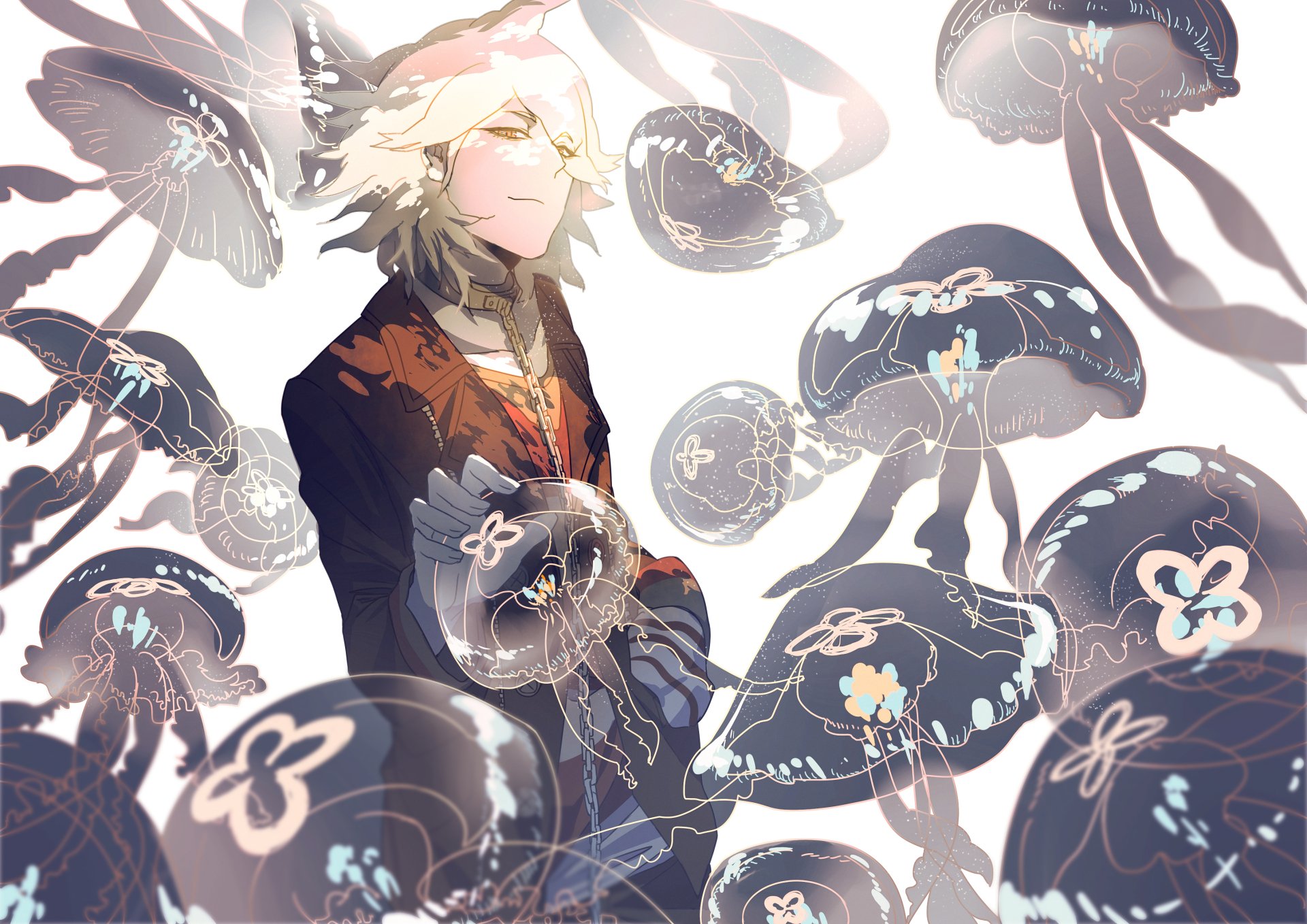 HD desktop wallpaper featuring Nagito Komaeda from the video game Danganronpa Another Episode: Ultra Despair Girls surrounded by glowing jellyfish.