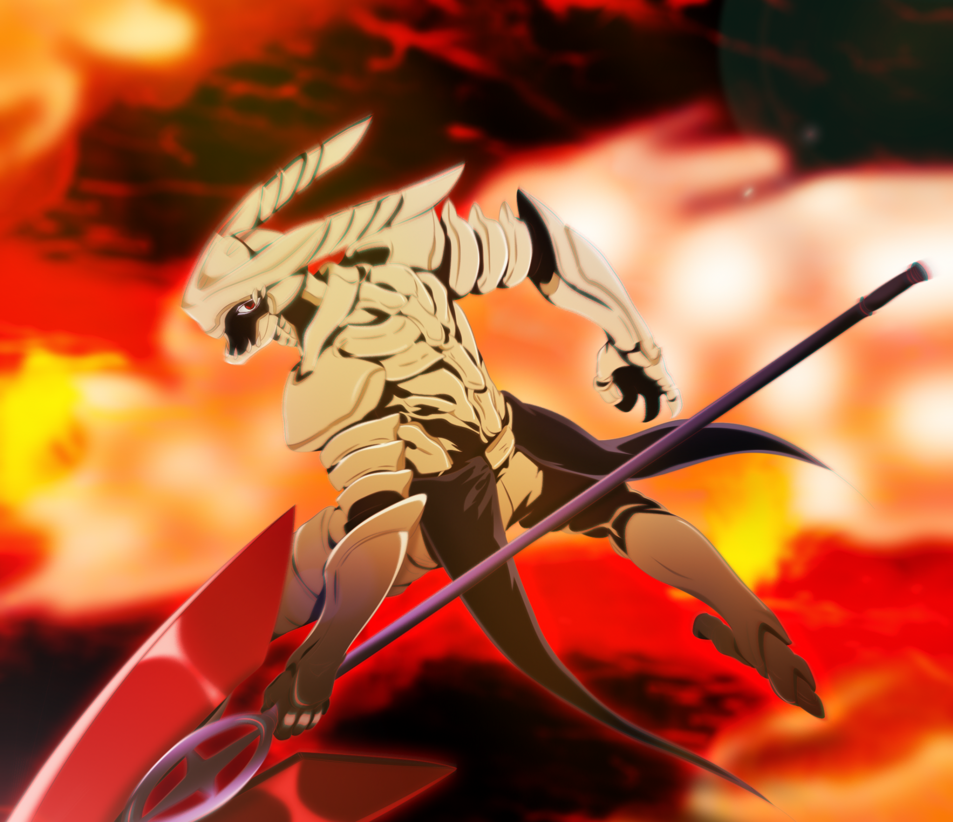 HD PC desktop wallpaper featuring Tatsumi from Akame ga Kill! in dynamic anime style with fiery red-orange background.