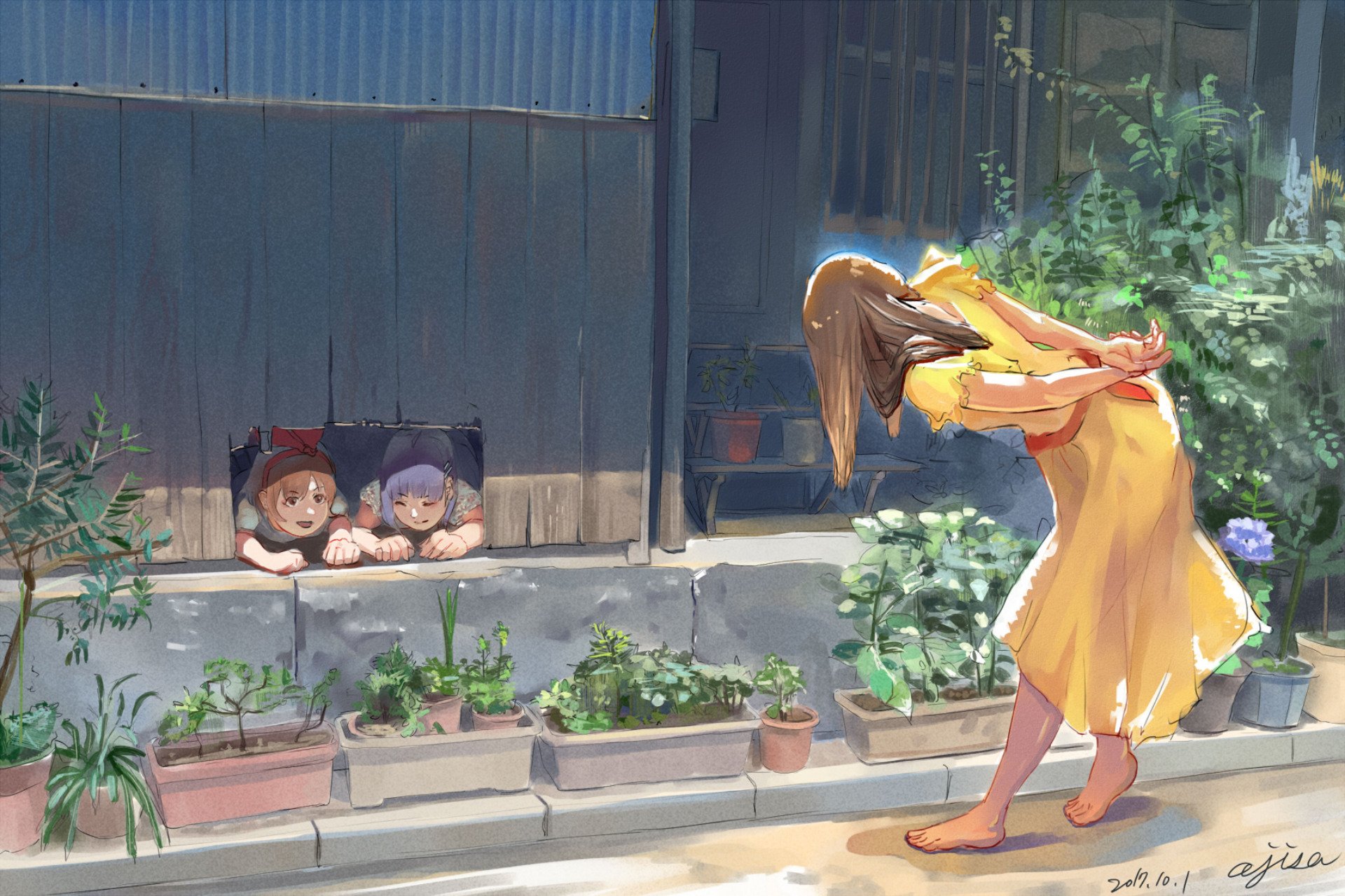Anime-style artwork of a girl with brown hair in a yellow dress, leaning down among potted flowers and plants. Two children peek out from a window. HD desktop wallpaper and background.