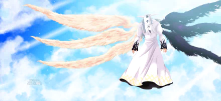 HD anime desktop wallpaper featuring Mael and Estarossa from The Seven Deadly Sins, showcasing contrasting white and black wings against a bright sky background.