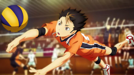 HD wallpaper of Yū Nishinoya from Haikyū!! anime, energetically diving for a volleyball in a gym during a match.
