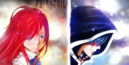 HD PC desktop wallpaper featuring anime characters Erza Scarlet and Jellal Fernandes from Fairy Tail, showcasing vibrant colors and dynamic lighting effects.
