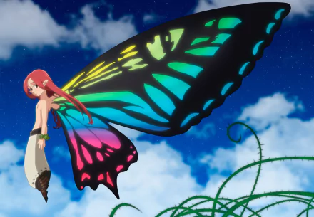 A red-haired fairy with long hair and black eyes, Gloxinia from The Seven Deadly Sins, gracefully floats with vibrant butterfly wings against a vivid sky backdrop.