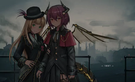 HD PC wallpaper of Grea and Anne (Granblue Fantasy) on a rooftop against a moody city skyline; Anne in a bowler hat, Grea with horns and mechanical winged gear.