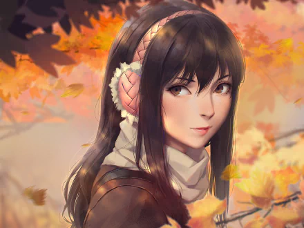 HD PC desktop wallpaper featuring Kana Kimishima from Parasyte -the maxim-, set against a warm autumn backdrop with falling leaves.