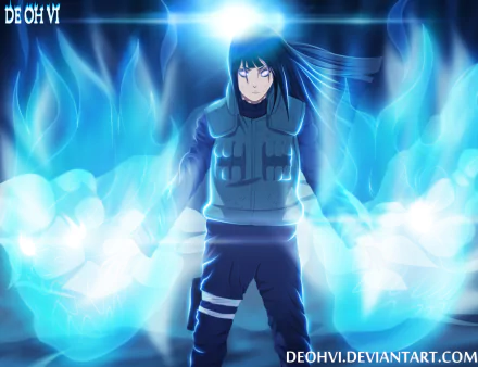 HD anime wallpaper featuring Hinata Hyuga from Naruto, surrounded by glowing blue energy in a dynamic and intense scene.
