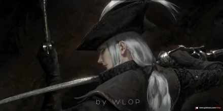 HD desktop wallpaper featuring Lady Maria from the video game Bloodborne, depicted in dark, detailed artwork by WLOP. Lady Maria holds a sword, wearing a dark hat and armor, with her silver hair flowing.