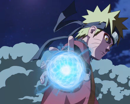 Naruto Uzumaki, a popular anime character, unleashes a glowing blue energy ball, set against a dark, cloudy background in this vibrant 8K Ultra HD wallpaper.