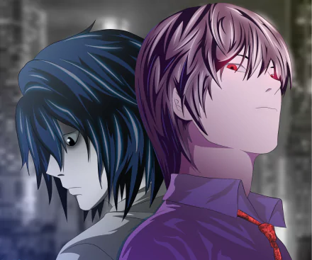 HD desktop wallpaper featuring L and Light Yagami, also known as Kira, from the anime Death Note, standing back to back.