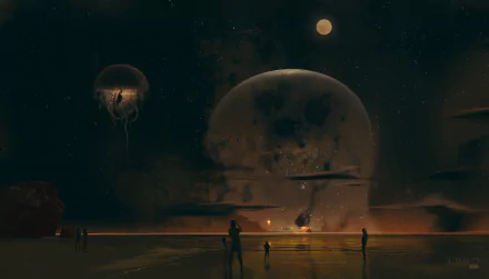 A 4K Ultra HD sci-fi night landscape featuring silhouetted people beneath large, glowing orbs and a mysterious, dark sky.