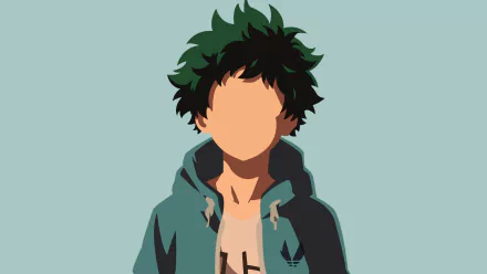 HD desktop wallpaper featuring an illustration of Izuku Midoriya from the anime My Hero Academia, shown faceless with his distinctive green hair and green hoodie against a light blue background.
