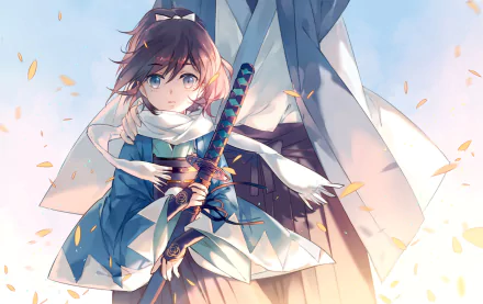 Anime character Yamatonokami Yasusada from Touken Ranbu, with blue eyes, holding a sword. The image is an HD desktop wallpaper, featuring a serene background with falling leaves.