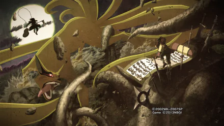 HD desktop wallpaper featuring an intense scene with Madara Uchiha and Hashirama Senju facing off, with Kurama in the background, from the anime Naruto. The image conveys an epic battle atmosphere.