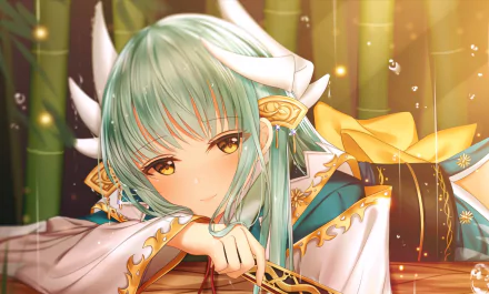 HD desktop wallpaper featuring a close-up of Kiyohime from Fate/Grand Order, with green hair and a kimono, set against a bamboo backdrop.