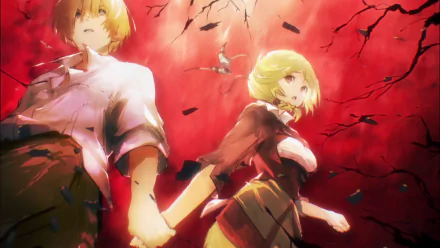 HD wallpaper featuring anime characters Nfirea Bareare and Enri Emmot from the series Overlord, standing against a dramatic red background with black cracks.