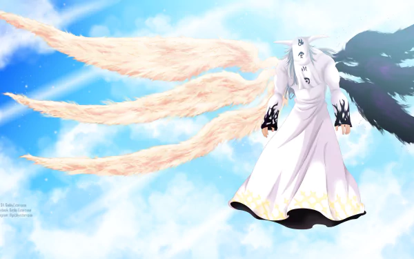 HD anime desktop wallpaper featuring Mael and Estarossa from The Seven Deadly Sins, showcasing contrasting white and black wings against a bright sky background.
