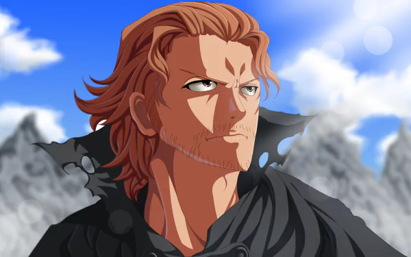 HD PC wallpaper of Gildarts Clive (Fairy Tail): rugged, scarred mage in a dark cloak gazing over snowy mountain peaks under a bright blue sky.