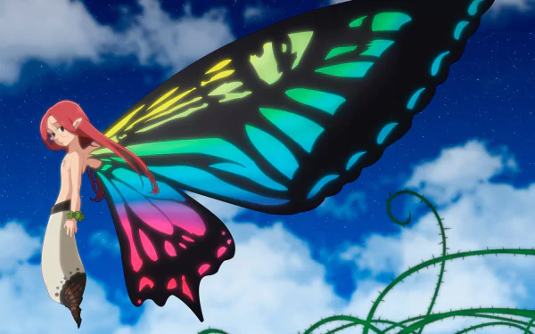 A red-haired fairy with long hair and black eyes, Gloxinia from The Seven Deadly Sins, gracefully floats with vibrant butterfly wings against a vivid sky backdrop.