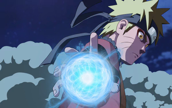 Naruto Uzumaki, a popular anime character, unleashes a glowing blue energy ball, set against a dark, cloudy background in this vibrant 8K Ultra HD wallpaper.