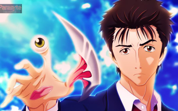 HD PC desktop wallpaper featuring Shinichi Izumi and Migi from the anime Parasyte -the maxim-, set against a vivid blue sky background.