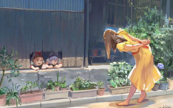 Anime-style artwork of a girl with brown hair in a yellow dress, leaning down among potted flowers and plants. Two children peek out from a window. HD desktop wallpaper and background.