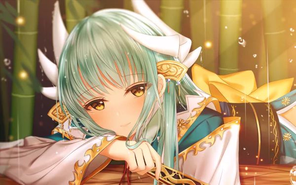 HD desktop wallpaper featuring a close-up of Kiyohime from Fate/Grand Order, with green hair and a kimono, set against a bamboo backdrop.