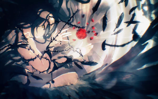 HD desktop wallpaper of Albedo from Overlord, depicted amidst dark thorns with a dramatic red accent, in a stylized anime design.