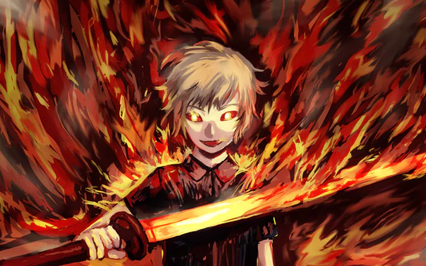 Original anime HD PC desktop wallpaper/background: evil-grinning figure brandishes a flaming sword, surrounded by roaring, engulfing flames.