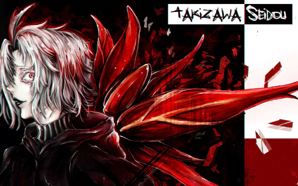 HD desktop wallpaper of Seidou Takizawa from Tokyo Ghoul:re, featuring his white hair, red eyes, and kagune in an intense anime style. The image is dark and vivid, with striking red and black tones.