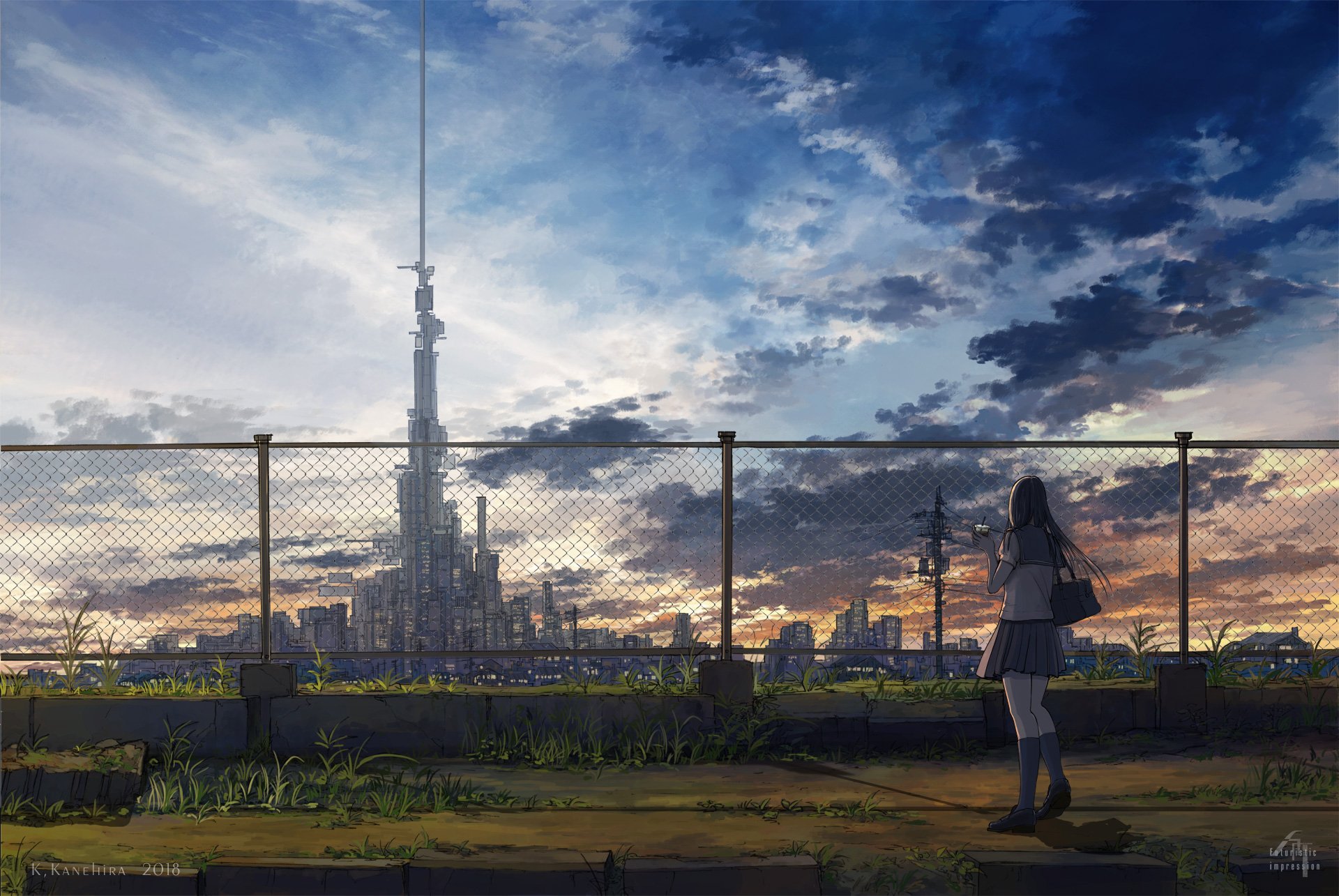A HD anime wallpaper featuring a girl with long brown hair and a bag, standing by a fence, gazing at a distant cityscape under a dramatic sky.