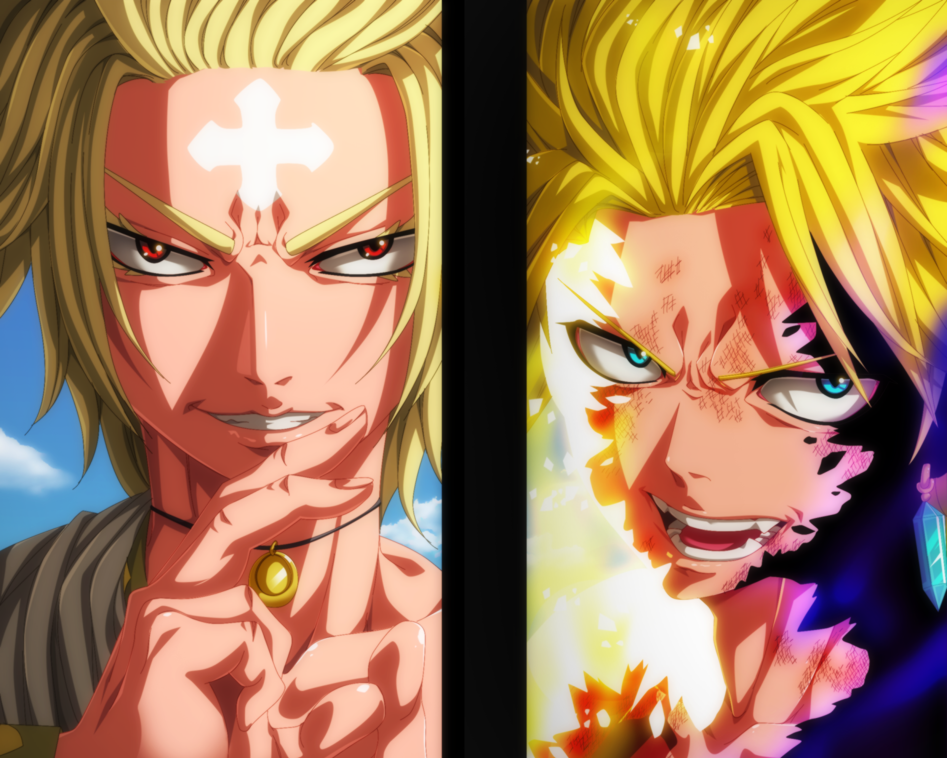 HD anime desktop wallpaper featuring Sting Eucliffe and Larcade Dragneel from Fairy Tail in intense close-up, showcasing vivid colors and dynamic expressions.