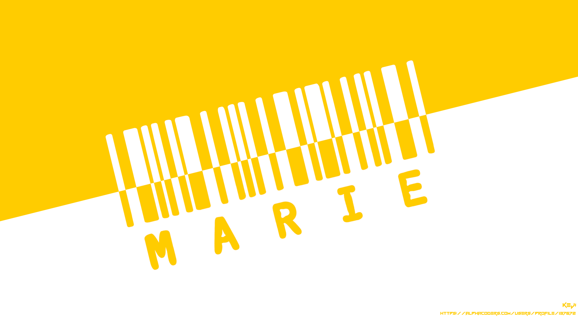 Minimalist 4K Ultra HD PC desktop wallpaper: yellow-and-white barcode motif with 'MARIE' letters, referencing Marie Mjolnir from the anime Soul Eater.