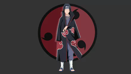 Minimalist HD desktop wallpaper featuring Itachi Uchiha from the Anime Naruto, standing with an Akatsuki robe against a backdrop that includes the Uchiha Clan symbol.