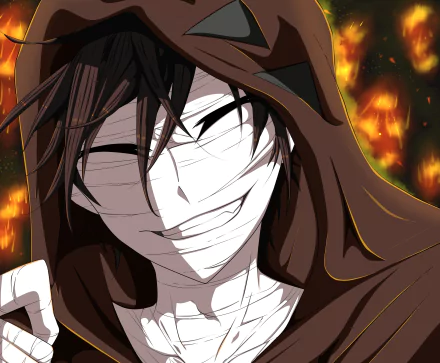 HD desktop wallpaper featuring Zack from Angels of Death (Satsuriku no Tenshi) anime. Zack is shown with a wide grin and bandages on his face, against a background with glowing flames.