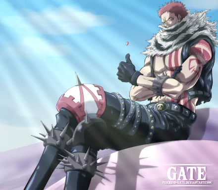 HD wallpaper featuring Charlotte Katakuri from the anime One Piece, set against a light sky background with rays of sunlight. Katakuri is seated confidently, showcasing his muscular build and unique attire.