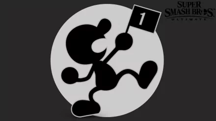 HD PC desktop wallpaper showing Mr. Game and Watch silhouette from the video game Super Smash Bros. Ultimate, holding a 1 flag inside a light circle on a dark gray background.