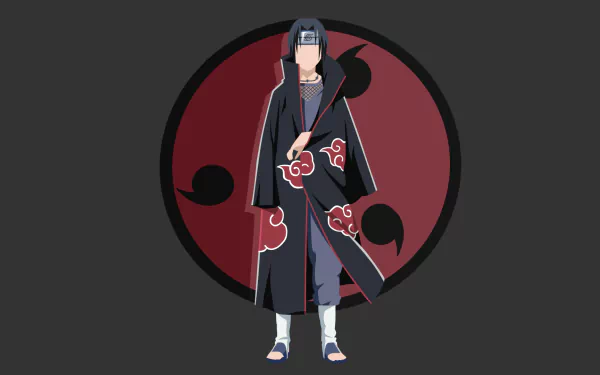 Minimalist HD desktop wallpaper featuring Itachi Uchiha from the Anime Naruto, standing with an Akatsuki robe against a backdrop that includes the Uchiha Clan symbol.