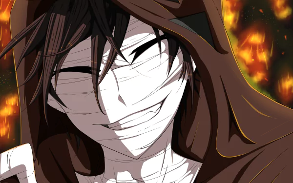 Zack from Satsuriku no Tenshi in an intense anime wallpaper on a desktop background.
