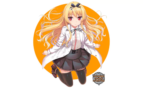 HD PC desktop wallpaper featuring Yue from Arifureta Shokugyou de Sekai Saikyou with long blonde hair and striking red eyes in anime style.