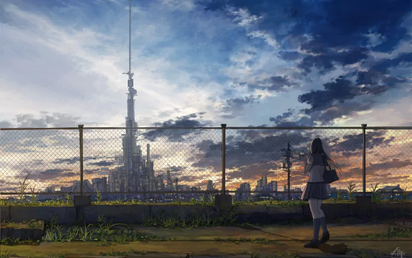 A HD anime wallpaper featuring a girl with long brown hair and a bag, standing by a fence, gazing at a distant cityscape under a dramatic sky.