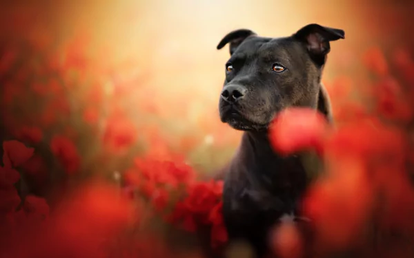 A Staffordshire Bull Terrier sits amidst vibrant red poppies in a summer field, captured in a high-definition desktop wallpaper.