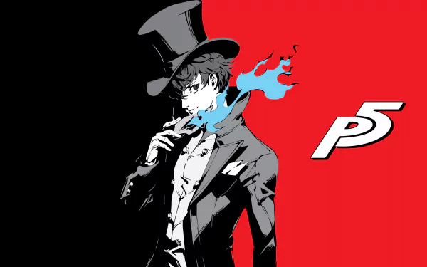 4K Ultra HD wallpaper featuring Joker from the video game Persona 5, showing him in his signature top hat and mask against a bold red background with the P5 logo.