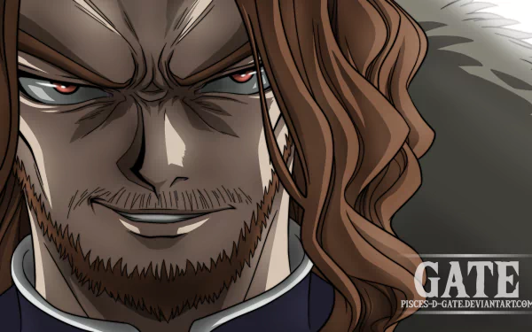 Close-up of Gildarts Clive from Fairy Tail, grinning with scarred, rugged face, red eyes and flowing hair, fur-collared coat — 2K Quad HD PC desktop wallpaper background.