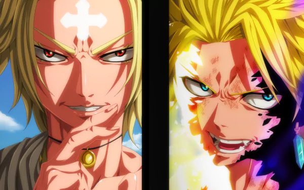 HD anime desktop wallpaper featuring Sting Eucliffe and Larcade Dragneel from Fairy Tail in intense close-up, showcasing vivid colors and dynamic expressions.