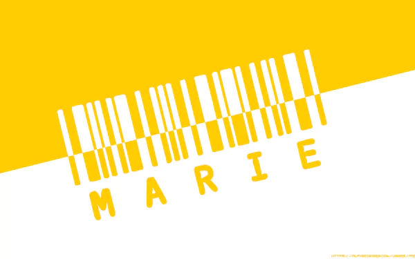 Minimalist 4K Ultra HD PC desktop wallpaper: yellow-and-white barcode motif with 'MARIE' letters, referencing Marie Mjolnir from the anime Soul Eater.